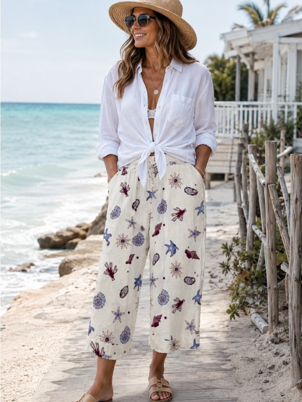 NEW Calypso St. Barth Linenblend Seashell coastal drawstring cropped pant Lagen